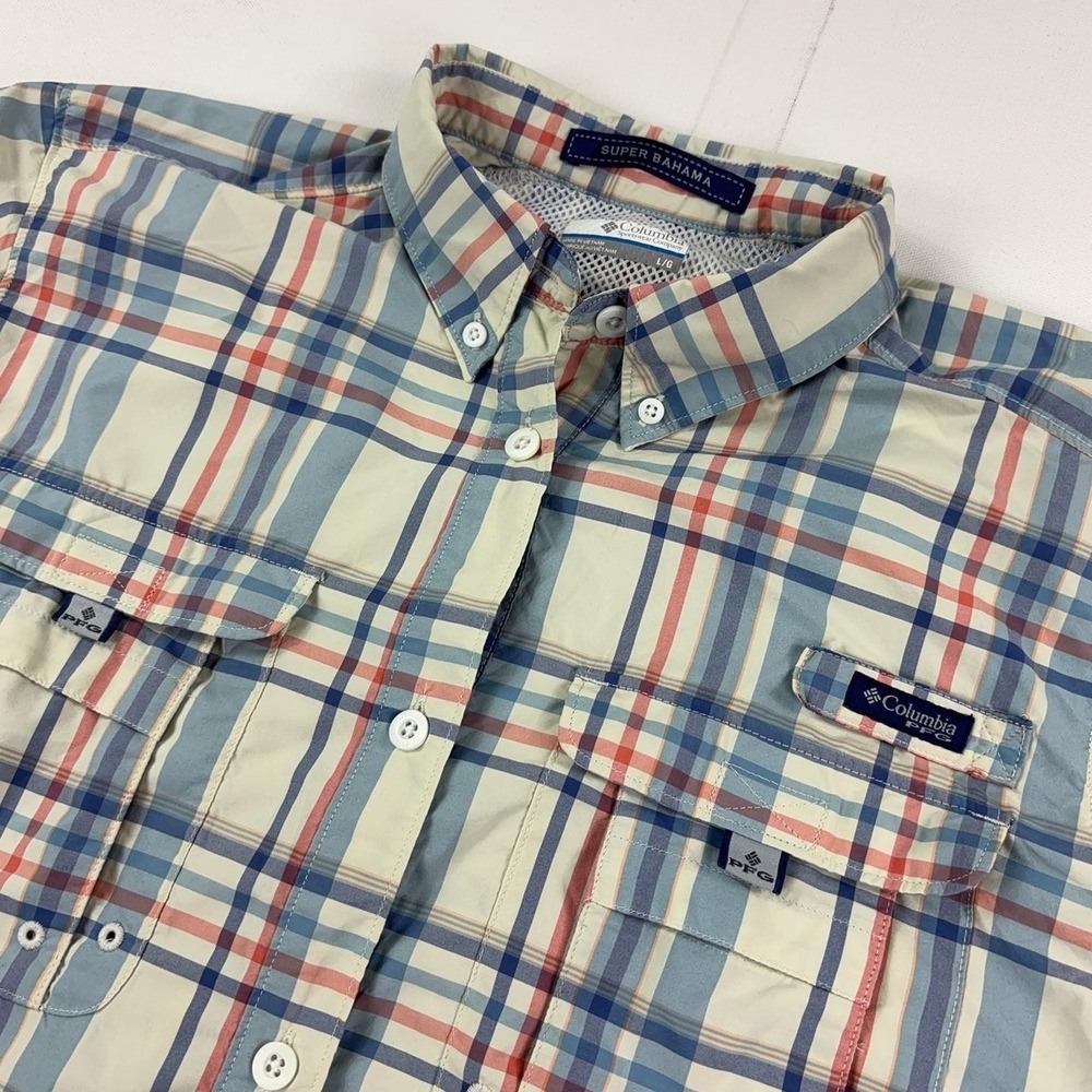 Columbia PFG Super Bahama Shirt Womens Large Beige Plaid Long Sleeve Fishing Sun